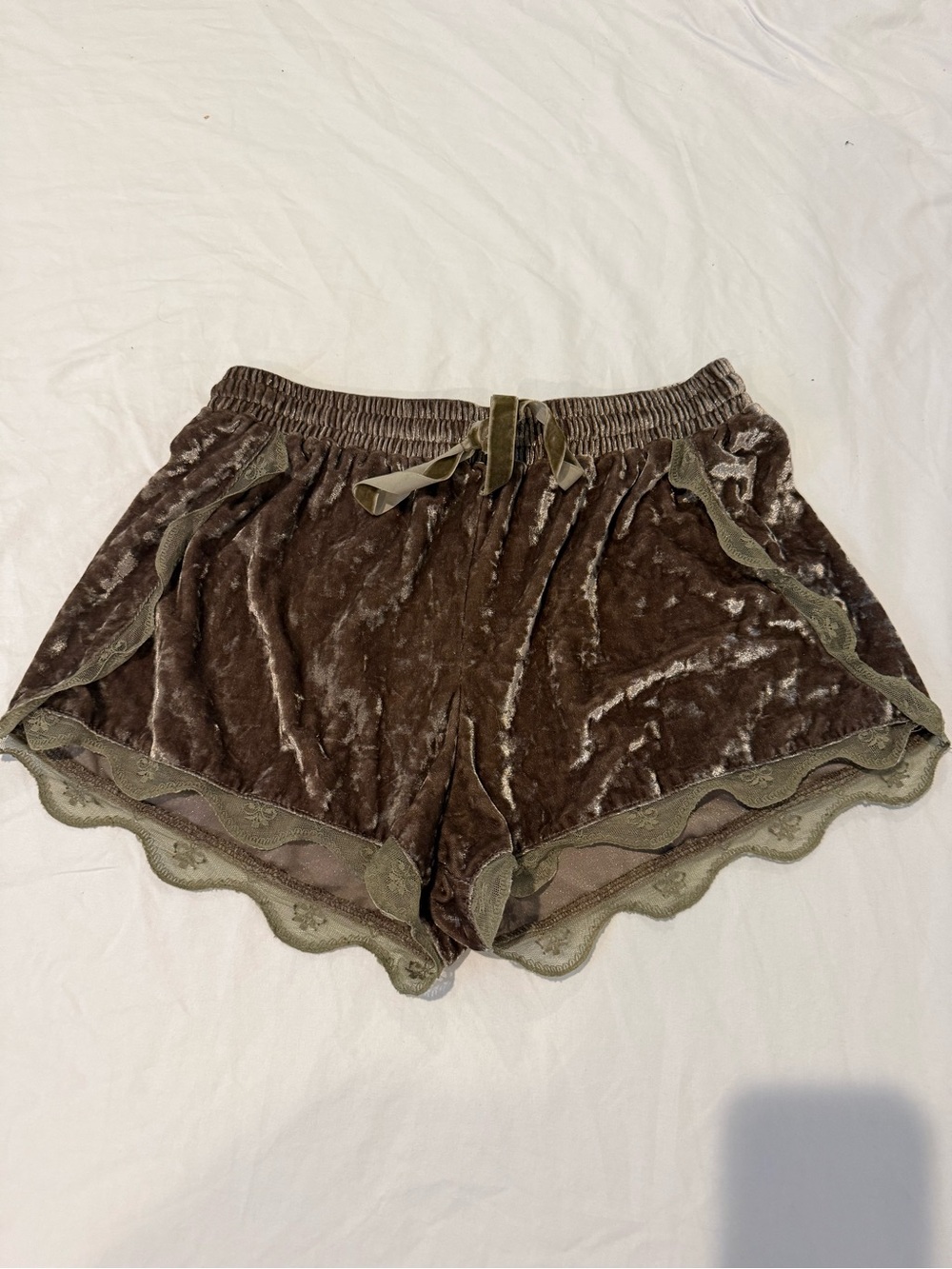 Paper Crane Olive Velvet Lace-Trim Sleep Shorts